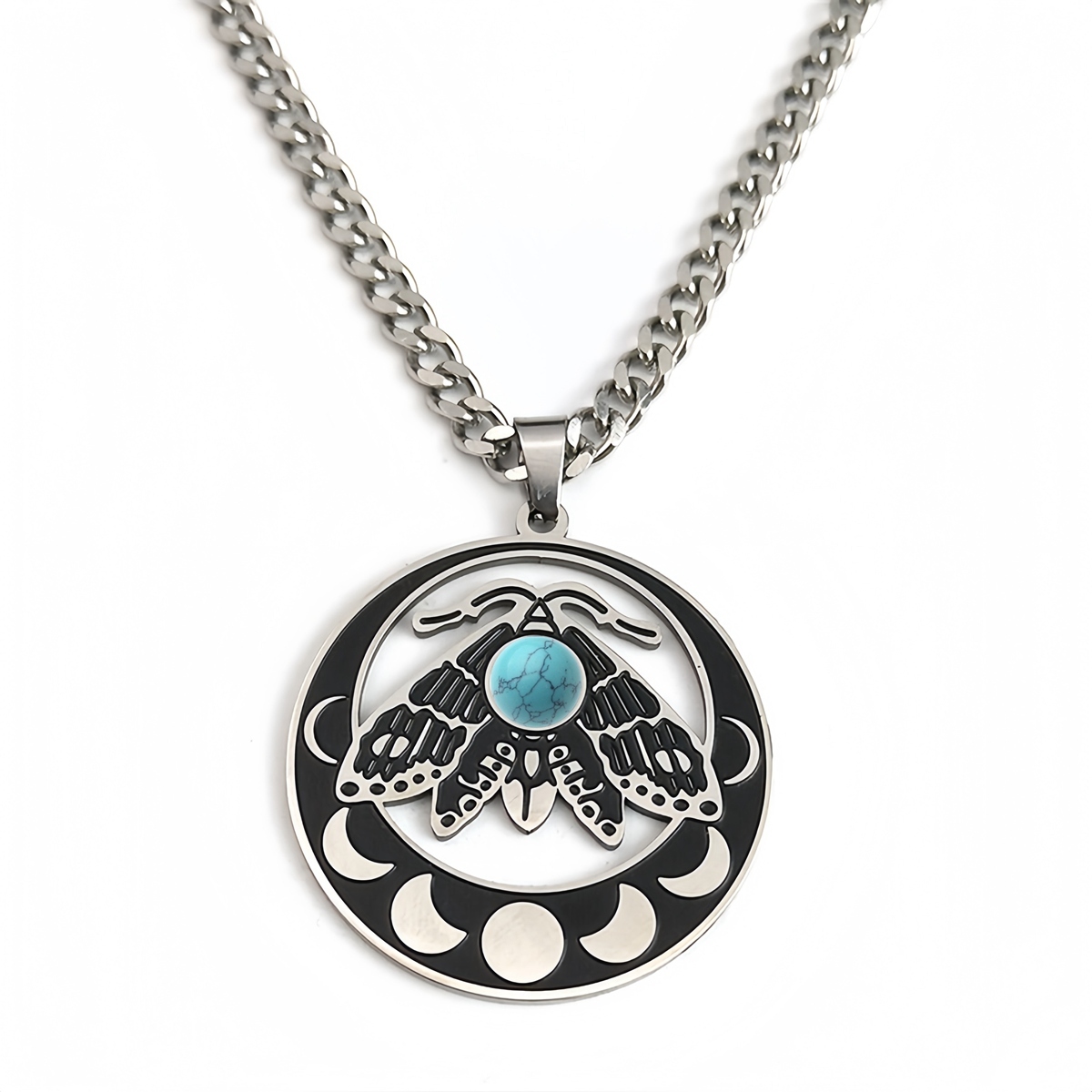 Stainless Steel Moth Necklace Natural Gemstone Cabs Pendant With 50CM Chain