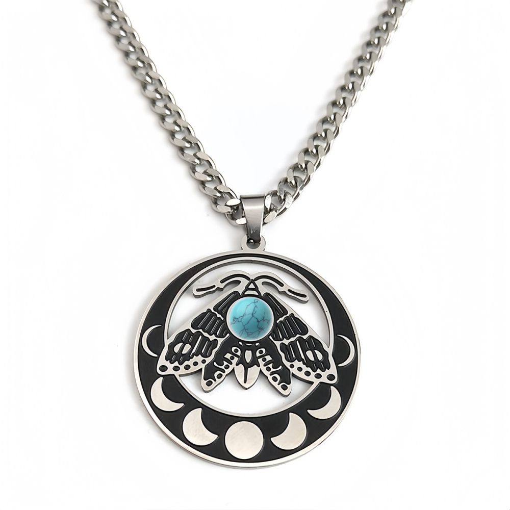 Stainless Steel Moth Necklace Natural Gemstone Cabs Pendant With 50CM Chain