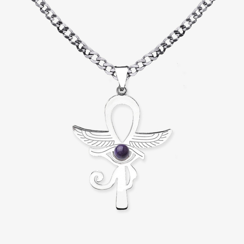Stainless Steel Horus Eye Necklace Natural Gemstone Cabs Pendant With 50CM Chain