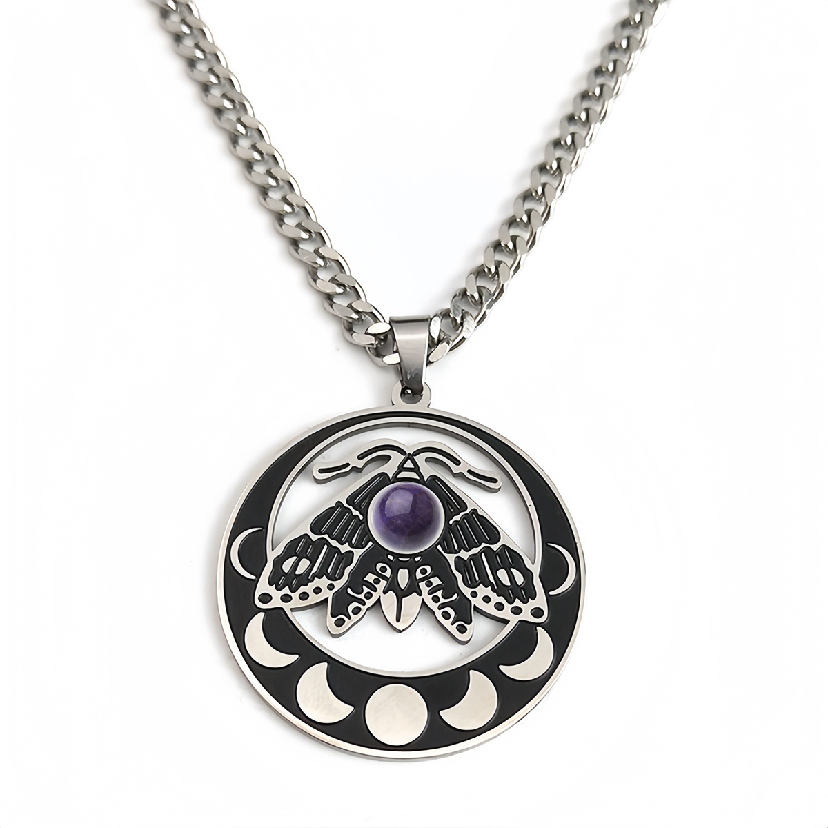 Stainless Steel Moth Necklace Natural Gemstone Cabs Pendant With 50CM Chain