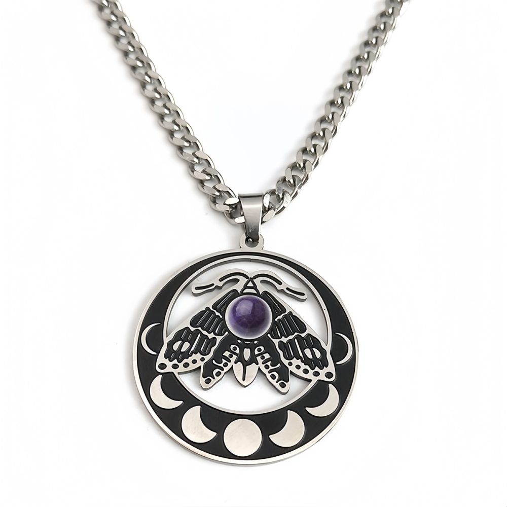 Stainless Steel Moth Necklace Natural Gemstone Cabs Pendant With 50CM Chain