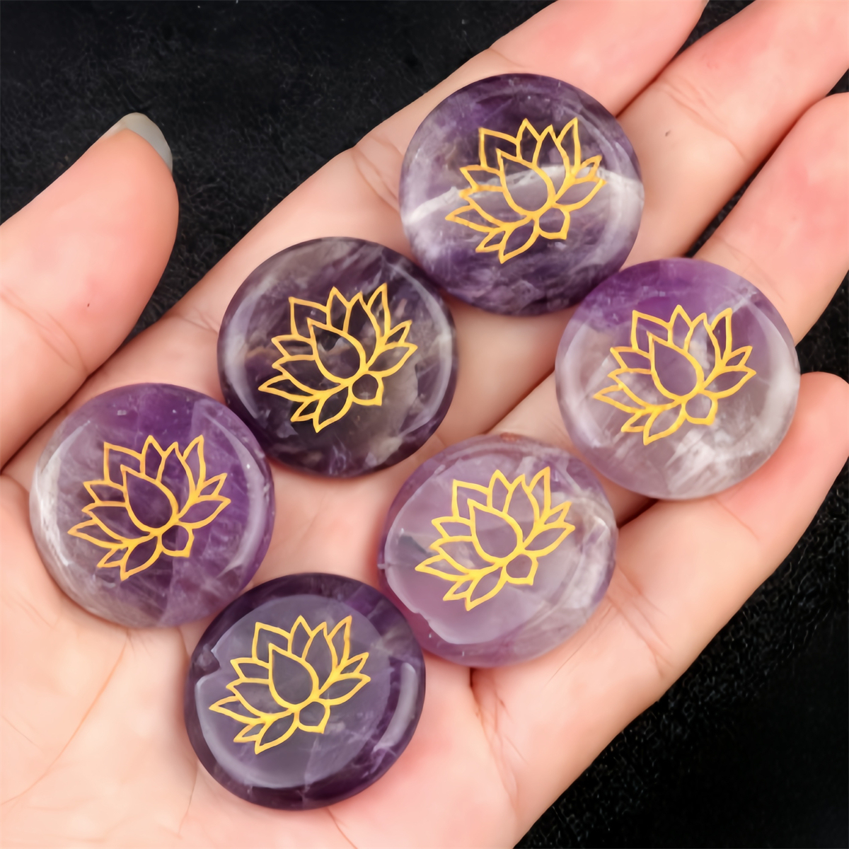 25MM Circular Disc Gemstone Ornament Handmade Craved Pattern-Lotus For Home Decor