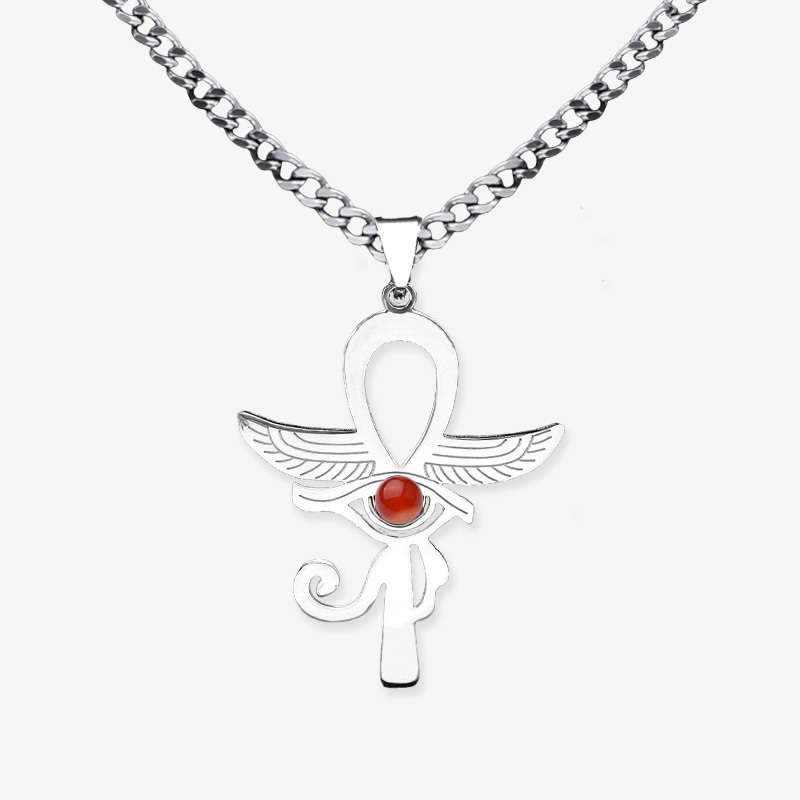 Stainless Steel Horus Eye Necklace Natural Gemstone Cabs Pendant With 50CM Chain