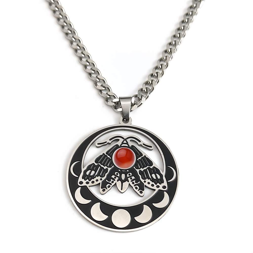 Stainless Steel Moth Necklace Natural Gemstone Cabs Pendant With 50CM Chain