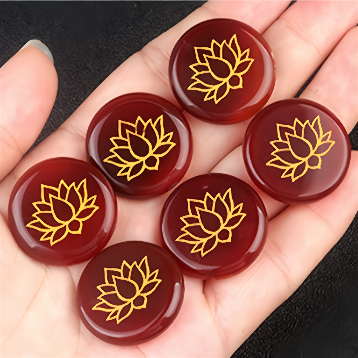 25MM Circular Disc Gemstone Ornament Handmade Craved Pattern-Lotus For Home Decor