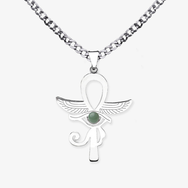 Stainless Steel Horus Eye Necklace Natural Gemstone Cabs Pendant With 50CM Chain