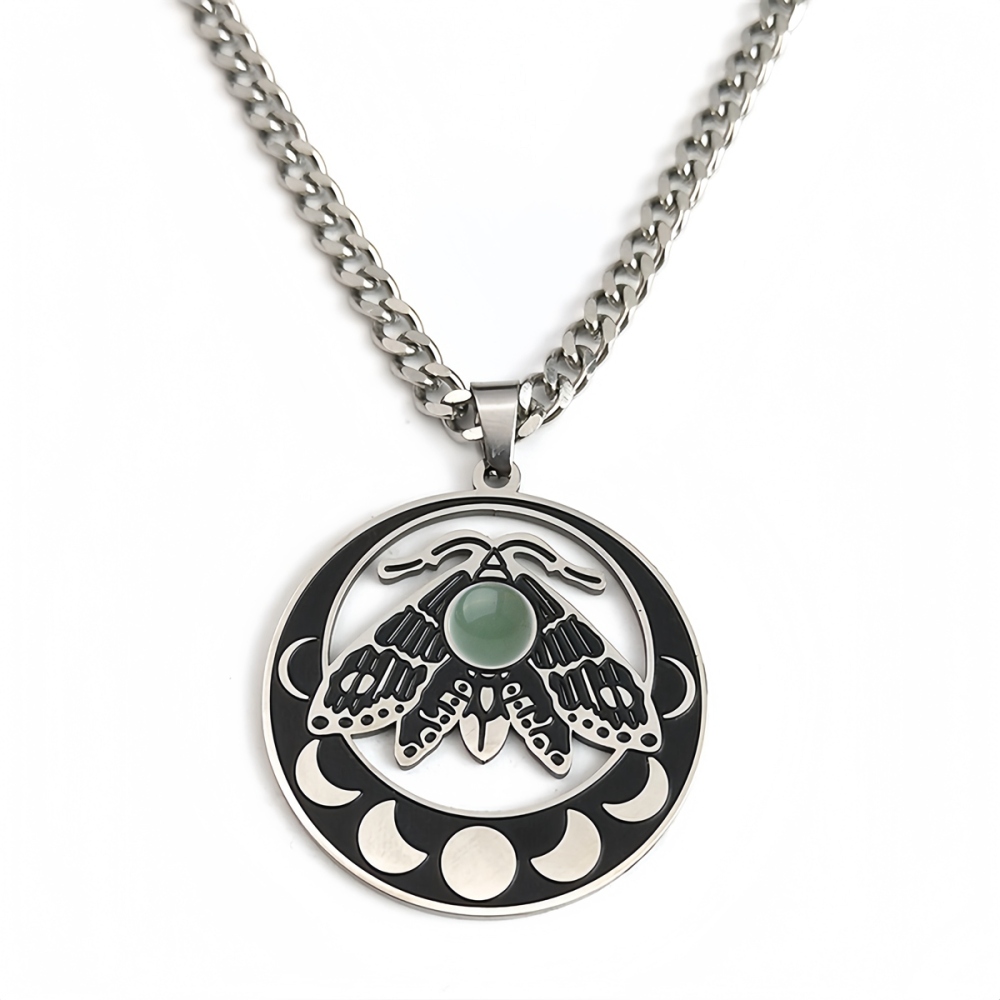 Stainless Steel Moth Necklace Natural Gemstone Cabs Pendant With 50CM Chain