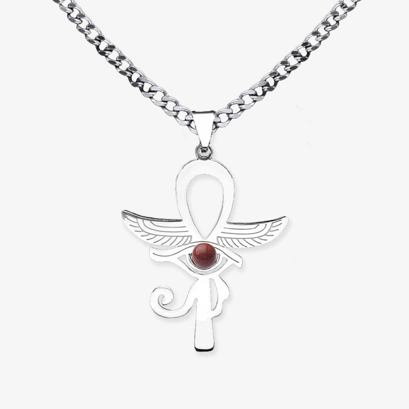 Stainless Steel Horus Eye Necklace Natural Gemstone Cabs Pendant With 50CM Chain