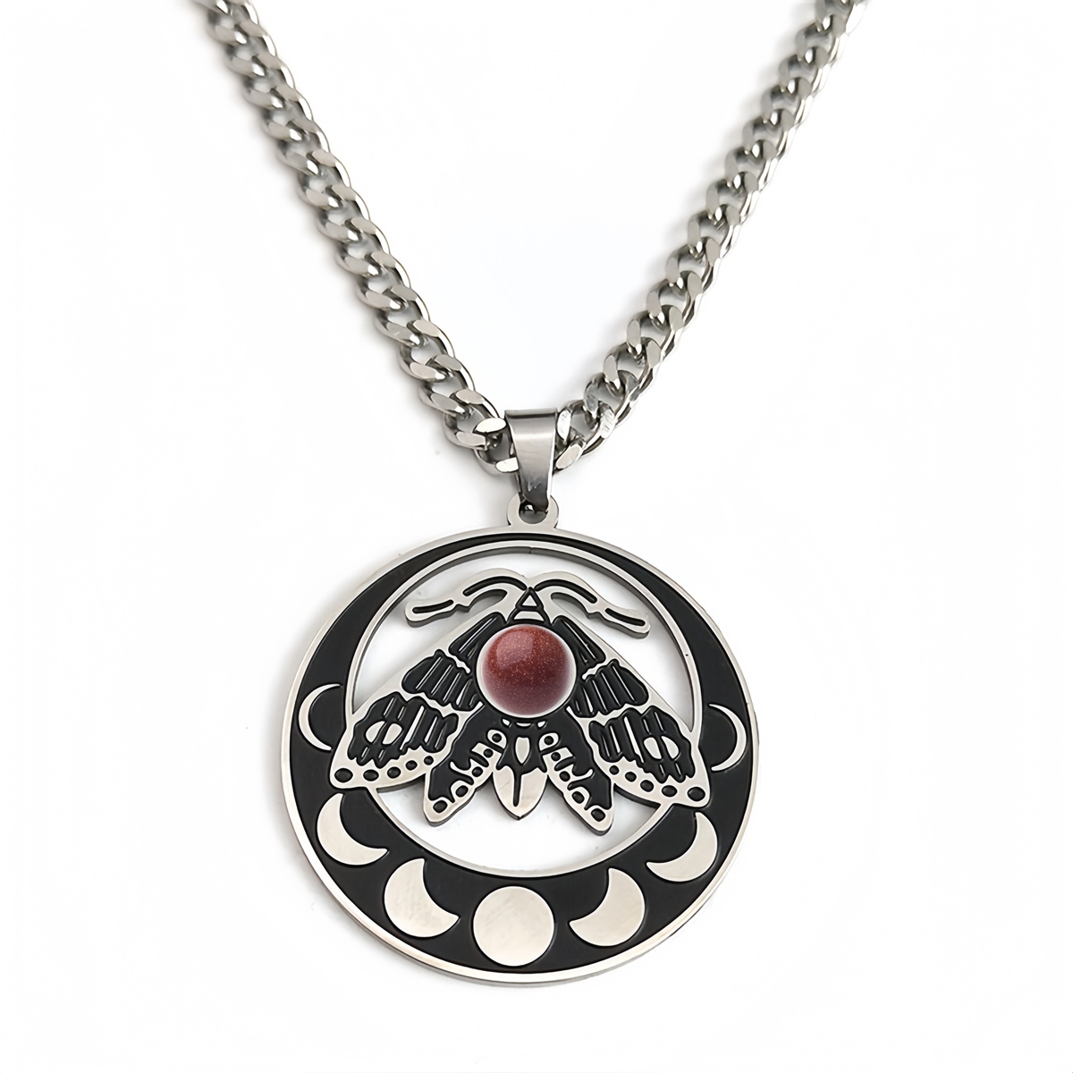 Stainless Steel Moth Necklace Natural Gemstone Cabs Pendant With 50CM Chain