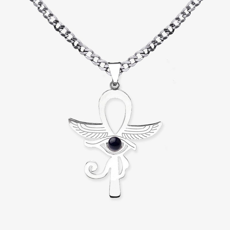 Stainless Steel Horus Eye Necklace Natural Gemstone Cabs Pendant With 50CM Chain