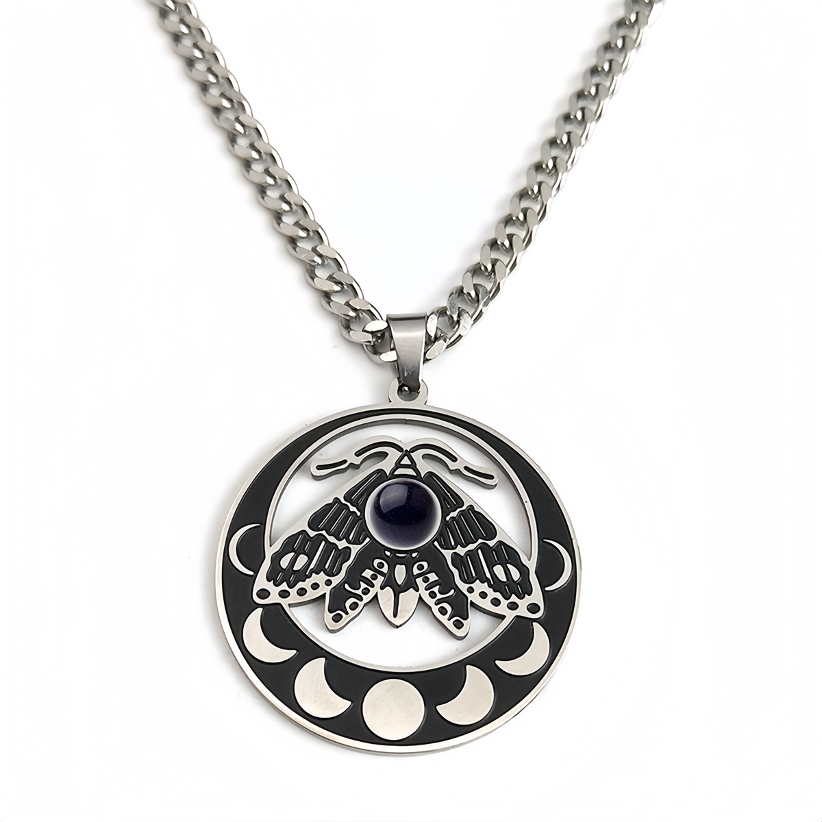 Stainless Steel Moth Necklace Natural Gemstone Cabs Pendant With 50CM Chain