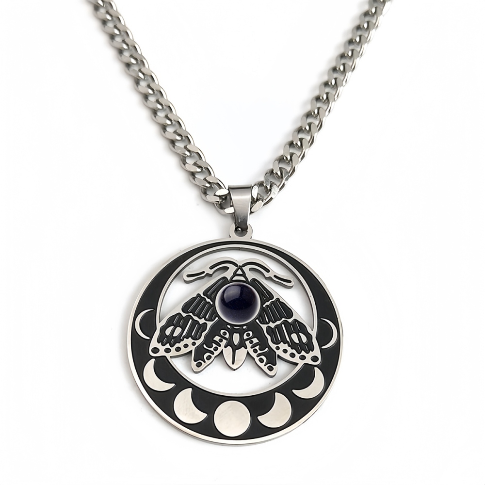 Stainless Steel Moth Necklace Natural Gemstone Cabs Pendant With 50CM Chain