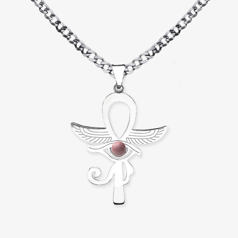 Stainless Steel Horus Eye Necklace Natural Gemstone Cabs Pendant With 50CM Chain