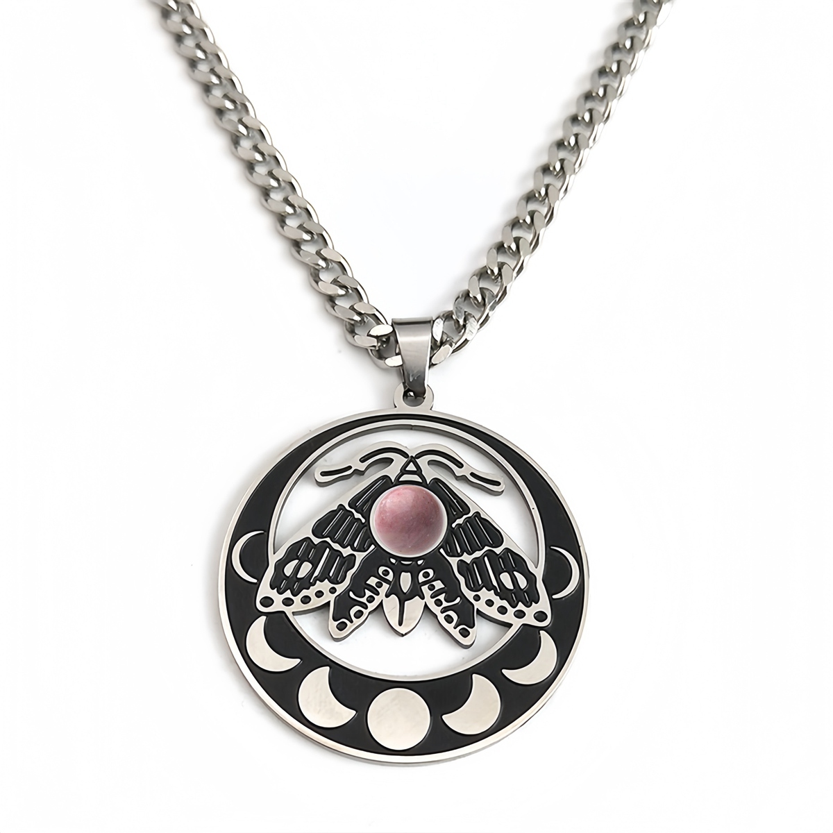 Stainless Steel Moth Necklace Natural Gemstone Cabs Pendant With 50CM Chain
