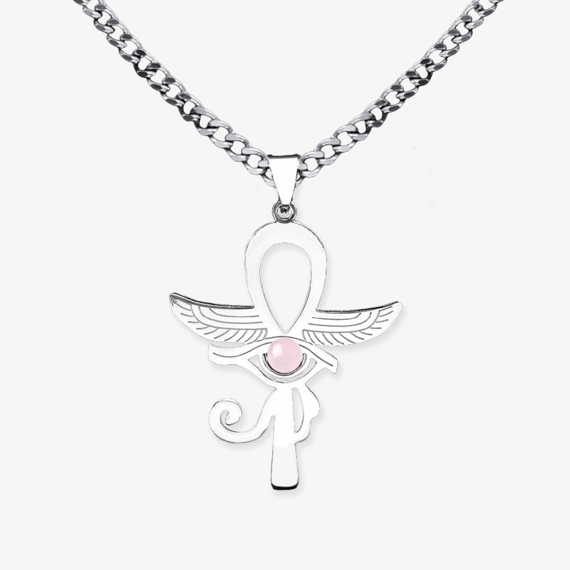 Stainless Steel Horus Eye Necklace Natural Gemstone Cabs Pendant With 50CM Chain
