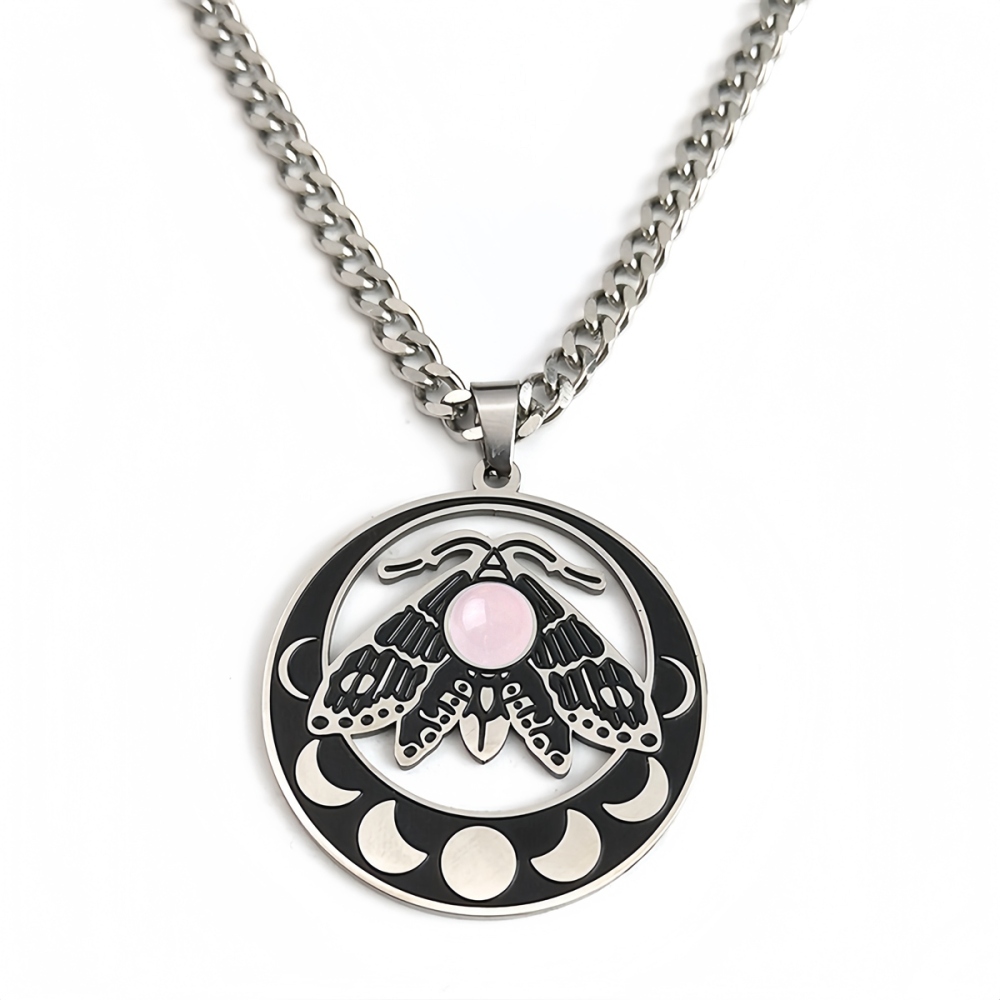 Stainless Steel Moth Necklace Natural Gemstone Cabs Pendant With 50CM Chain