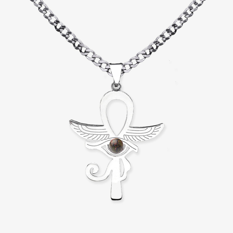 Stainless Steel Horus Eye Necklace Natural Gemstone Cabs Pendant With 50CM Chain