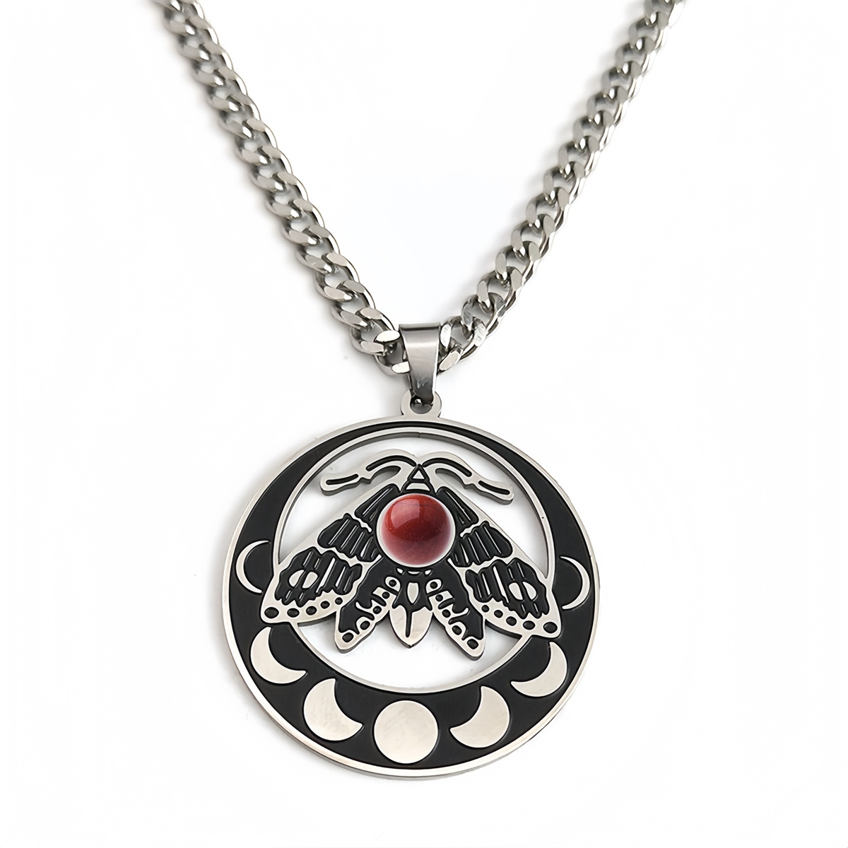 Stainless Steel Moth Necklace Natural Gemstone Cabs Pendant With 50CM Chain