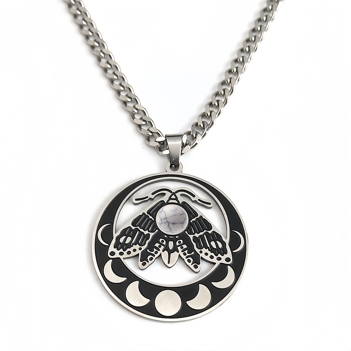 Stainless Steel Moth Necklace Natural Gemstone Cabs Pendant With 50CM Chain