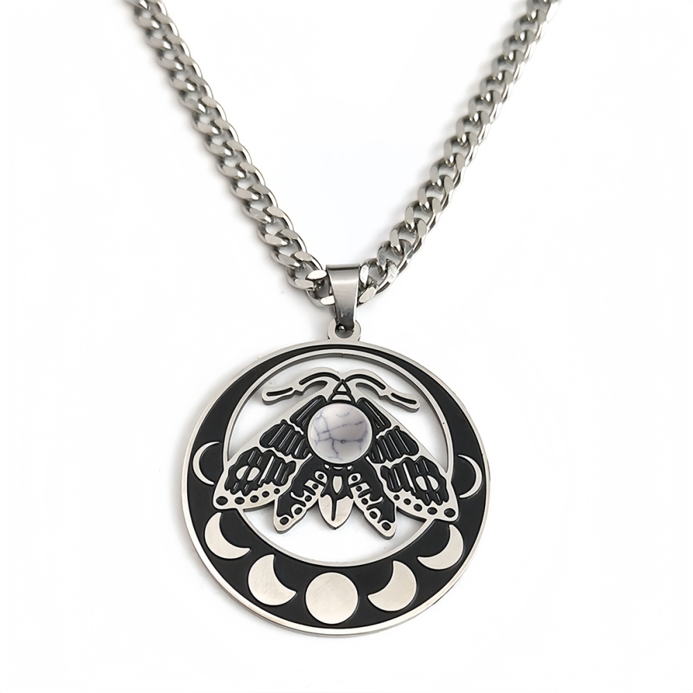Stainless Steel Moth Necklace Natural Gemstone Cabs Pendant With 50CM Chain