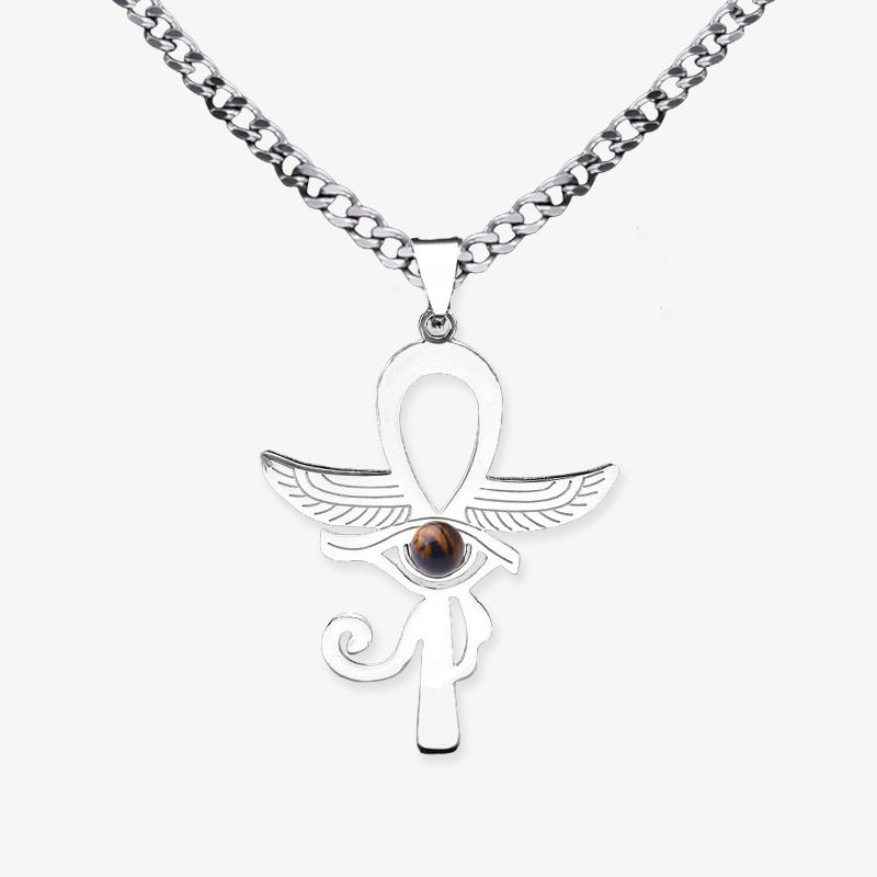 Stainless Steel Horus Eye Necklace Natural Gemstone Cabs Pendant With 50CM Chain