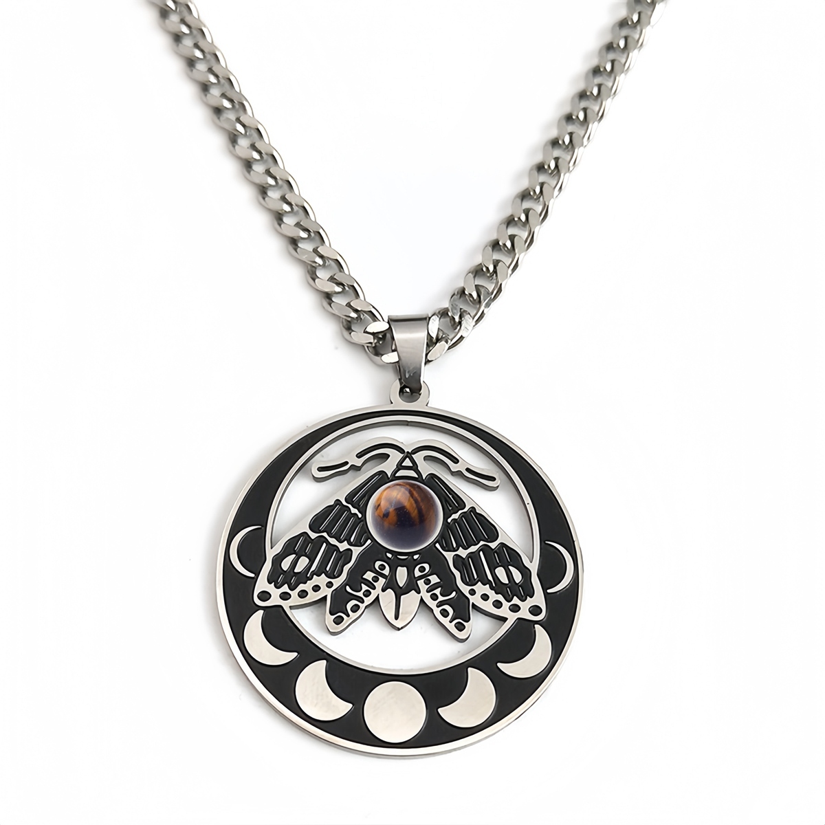 Stainless Steel Moth Necklace Natural Gemstone Cabs Pendant With 50CM Chain