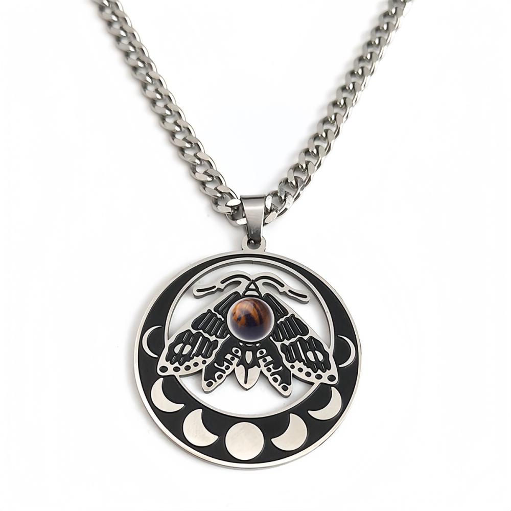 Stainless Steel Moth Necklace Natural Gemstone Cabs Pendant With 50CM Chain