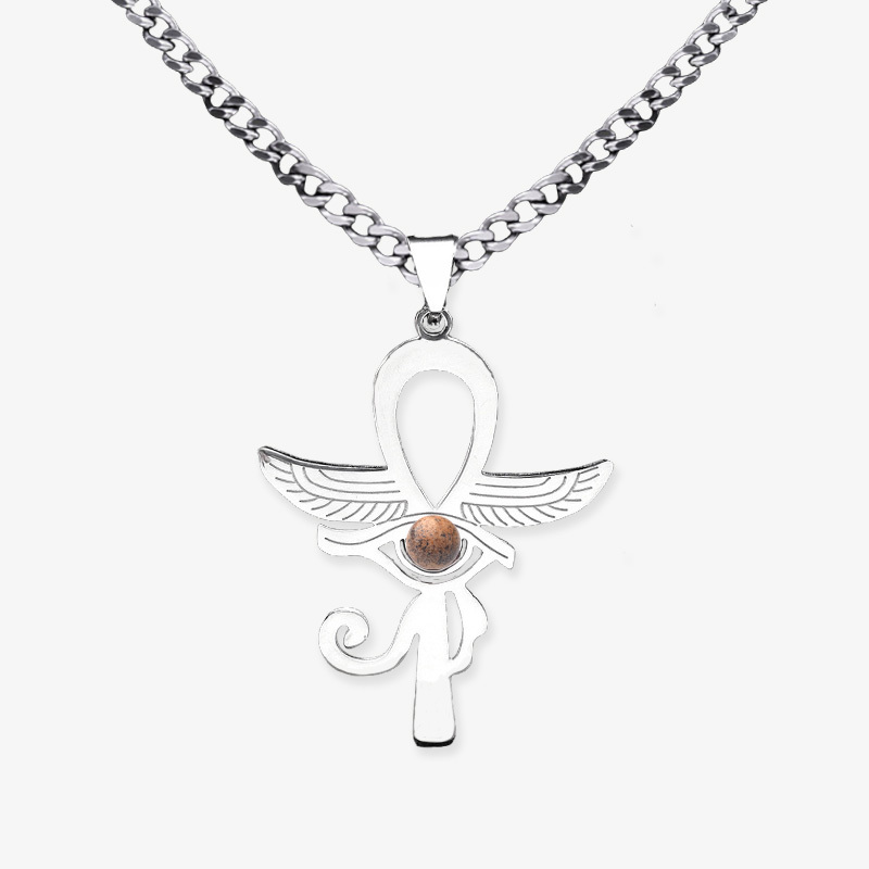 Stainless Steel Horus Eye Necklace Natural Gemstone Cabs Pendant With 50CM Chain