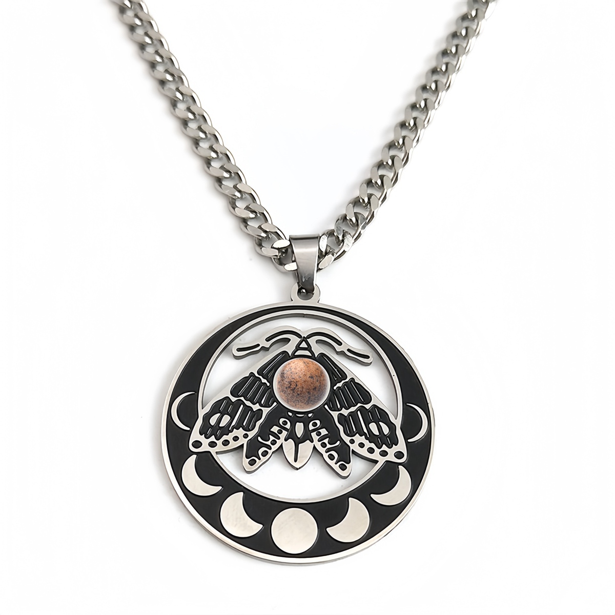 Stainless Steel Moth Necklace Natural Gemstone Cabs Pendant With 50CM Chain
