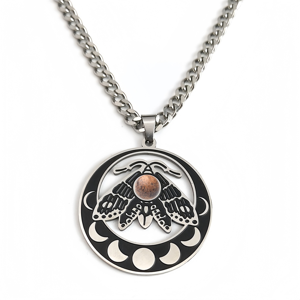 Stainless Steel Moth Necklace Natural Gemstone Cabs Pendant With 50CM Chain