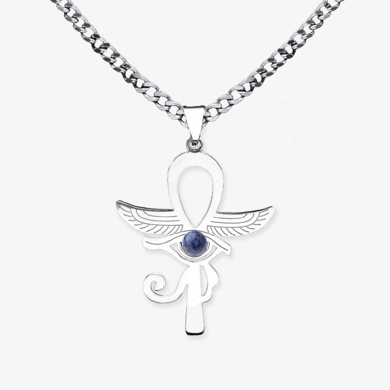 Stainless Steel Horus Eye Necklace Natural Gemstone Cabs Pendant With 50CM Chain
