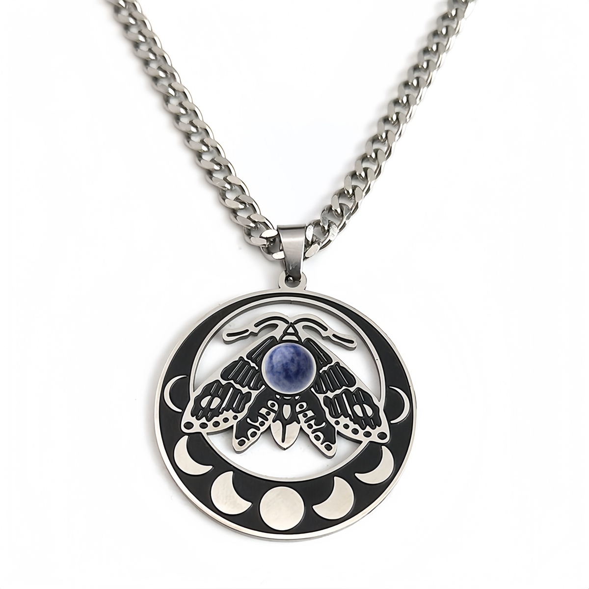 Stainless Steel Moth Necklace Natural Gemstone Cabs Pendant With 50CM Chain