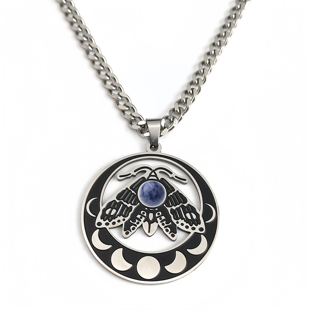 Stainless Steel Moth Necklace Natural Gemstone Cabs Pendant With 50CM Chain
