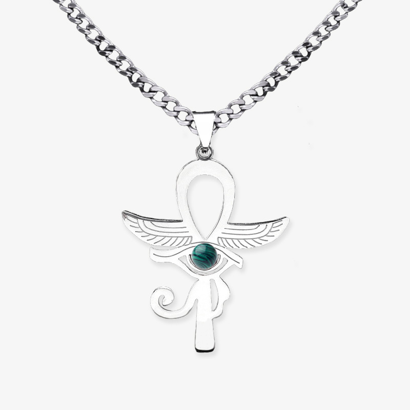 Stainless Steel Horus Eye Necklace Natural Gemstone Cabs Pendant With 50CM Chain