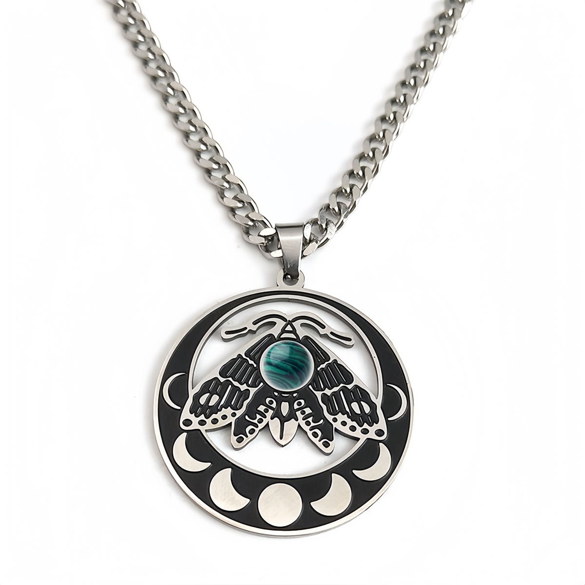Stainless Steel Moth Necklace Natural Gemstone Cabs Pendant With 50CM Chain