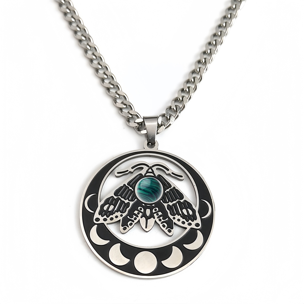 Stainless Steel Moth Necklace Natural Gemstone Cabs Pendant With 50CM Chain