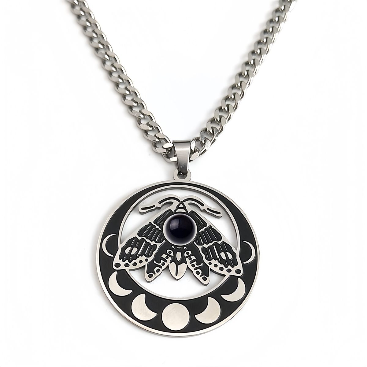 Stainless Steel Moth Necklace Natural Gemstone Cabs Pendant With 50CM Chain