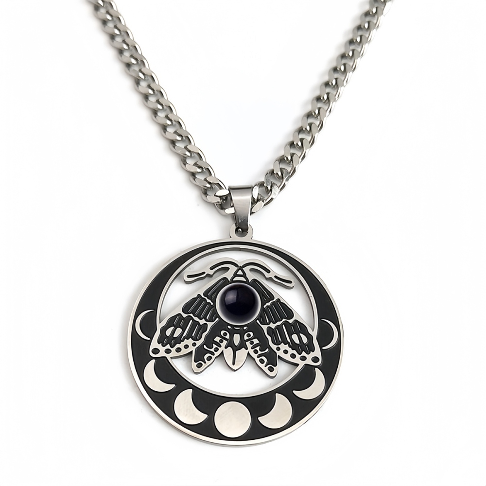 Stainless Steel Moth Necklace Natural Gemstone Cabs Pendant With 50CM Chain