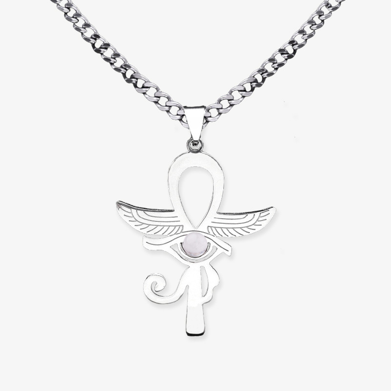 Stainless Steel Horus Eye Necklace Natural Gemstone Cabs Pendant With 50CM Chain