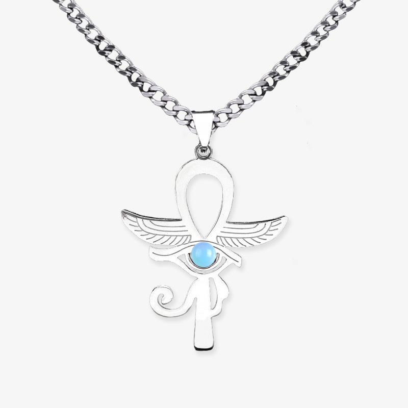 Stainless Steel Horus Eye Necklace Natural Gemstone Cabs Pendant With 50CM Chain