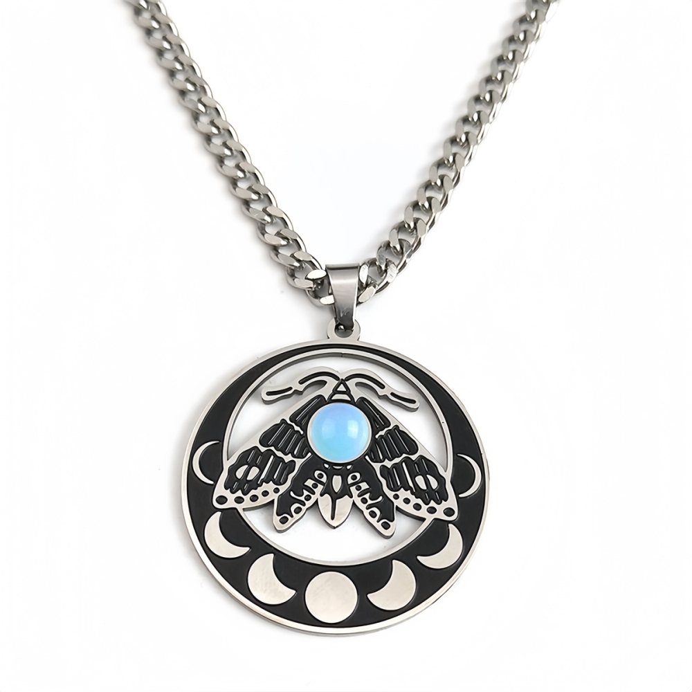 Stainless Steel Moth Necklace Natural Gemstone Cabs Pendant With 50CM Chain