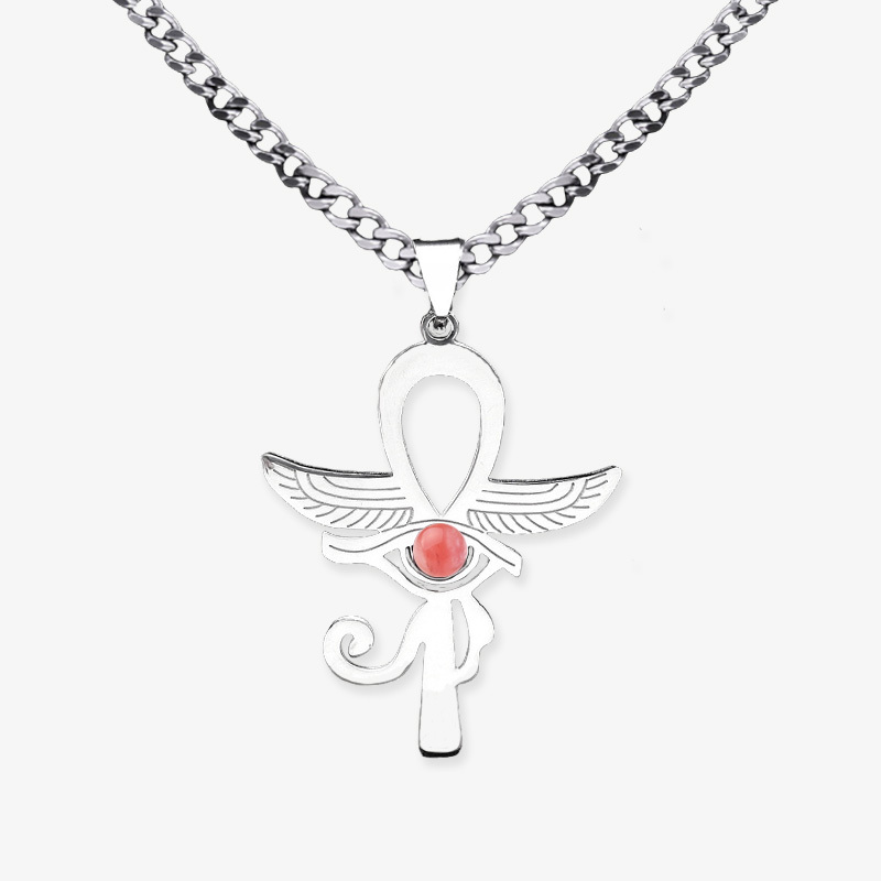 Stainless Steel Horus Eye Necklace Natural Gemstone Cabs Pendant With 50CM Chain