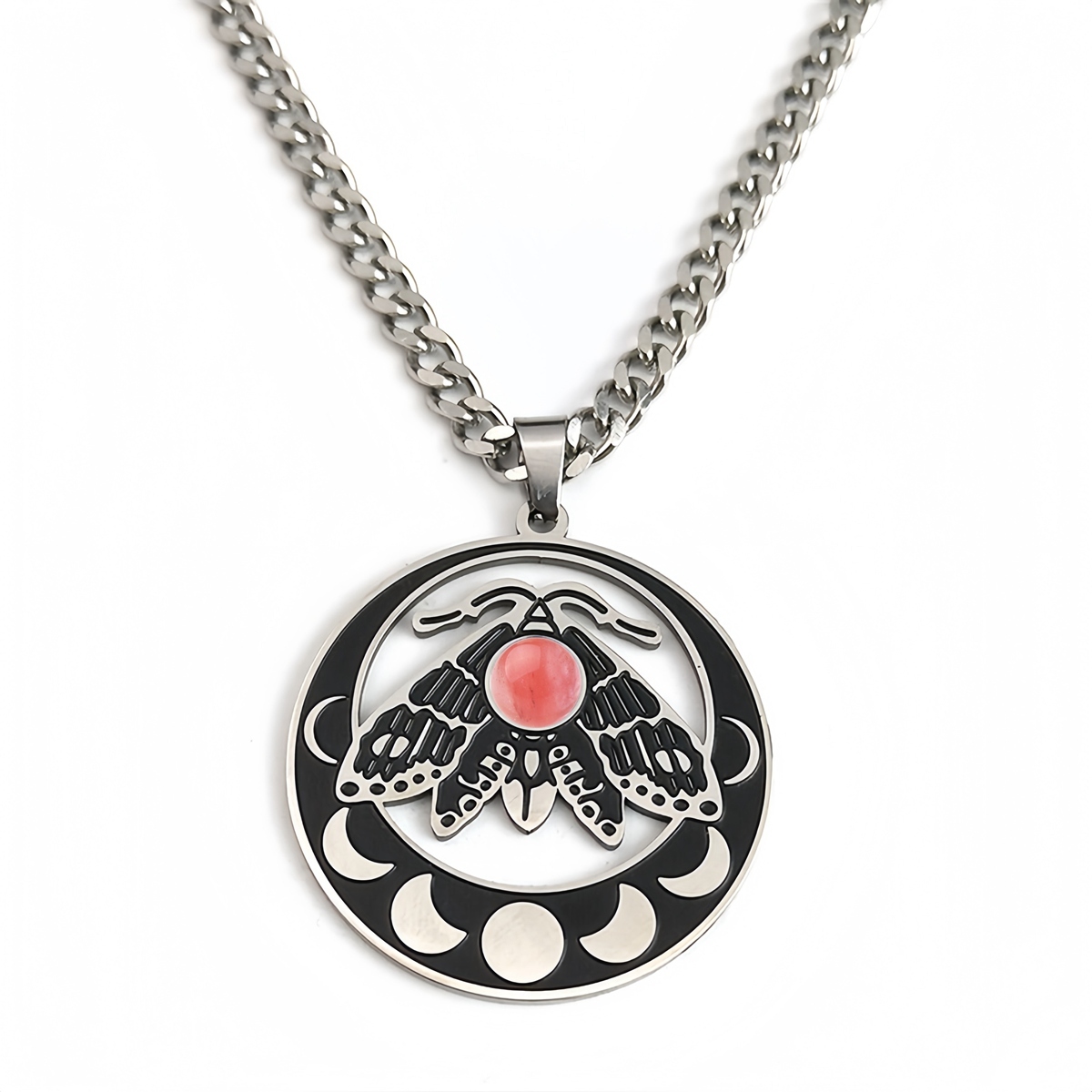 Stainless Steel Moth Necklace Natural Gemstone Cabs Pendant With 50CM Chain