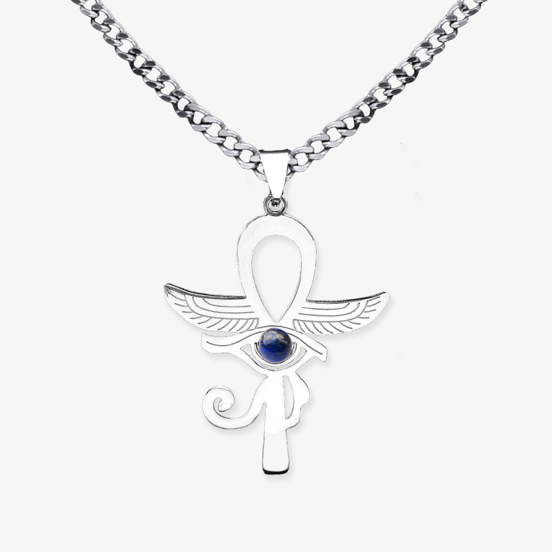 Stainless Steel Horus Eye Necklace Natural Gemstone Cabs Pendant With 50CM Chain