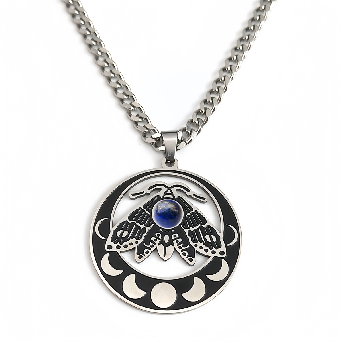 Stainless Steel Moth Necklace Natural Gemstone Cabs Pendant With 50CM Chain