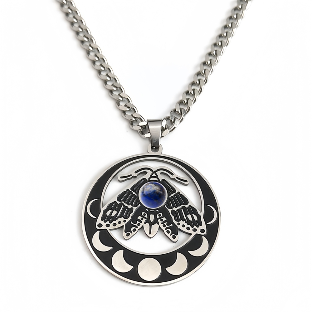 Stainless Steel Moth Necklace Natural Gemstone Cabs Pendant With 50CM Chain