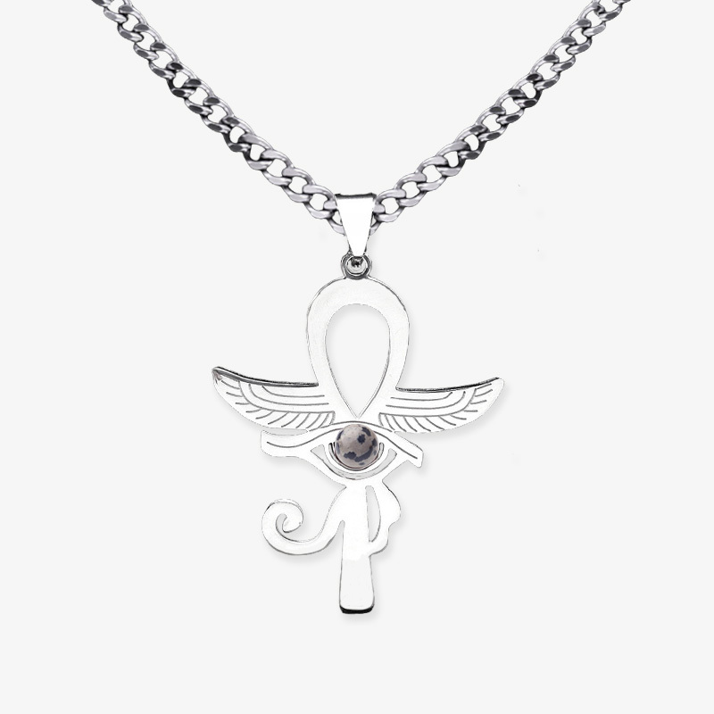 Stainless Steel Horus Eye Necklace Natural Gemstone Cabs Pendant With 50CM Chain
