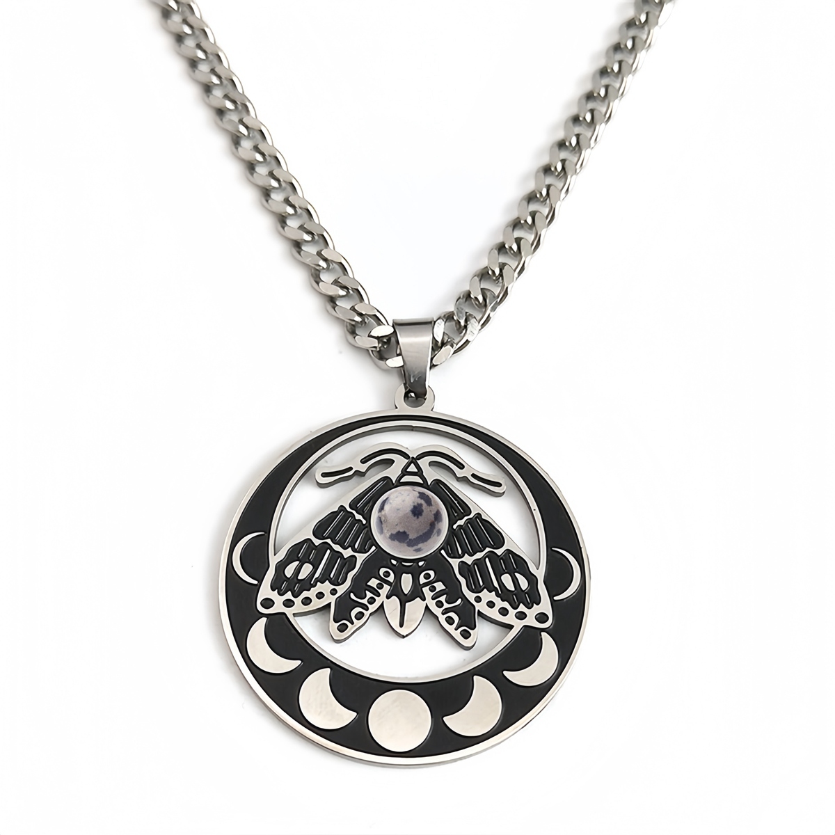 Stainless Steel Moth Necklace Natural Gemstone Cabs Pendant With 50CM Chain