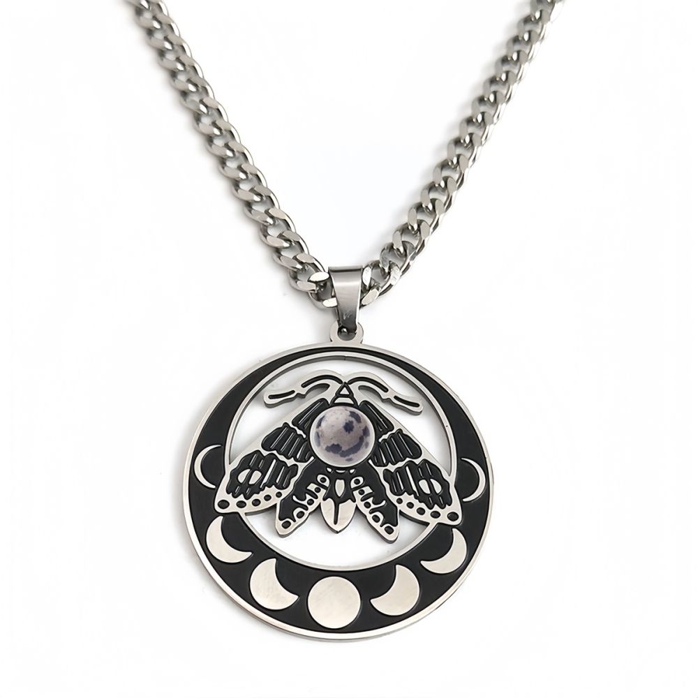 Stainless Steel Moth Necklace Natural Gemstone Cabs Pendant With 50CM Chain