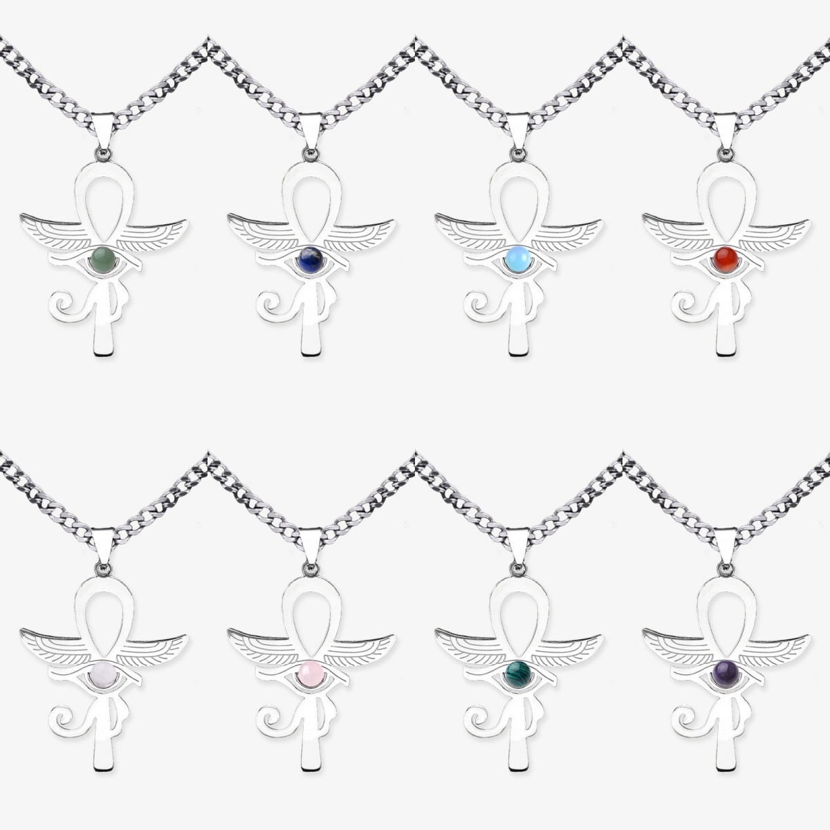 Stainless Steel Horus Eye Necklace Natural Gemstone Cabs Pendant With 50CM Chain